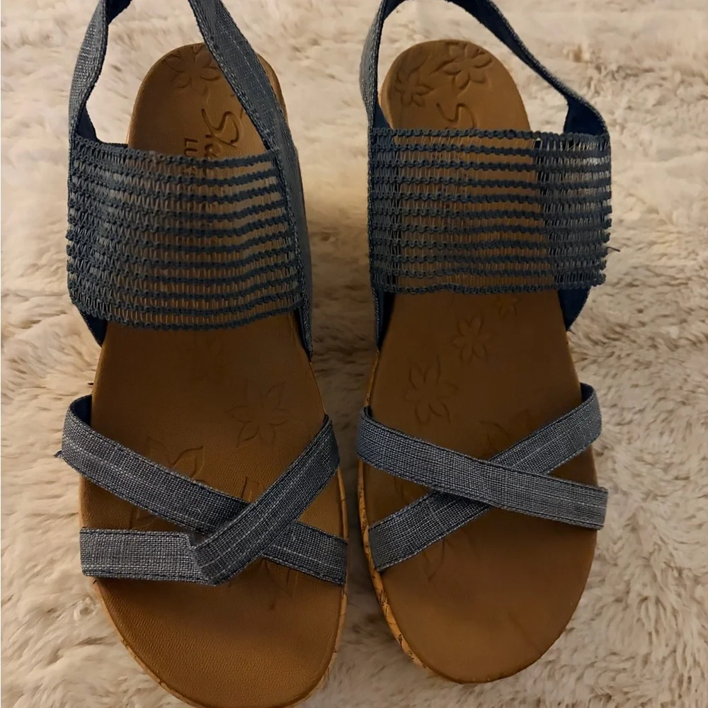 Skechers Beverlee High Tea Wedge Sandals Size 8 Black Yoga Foam Comfort 💙 - Picture 5 of 8